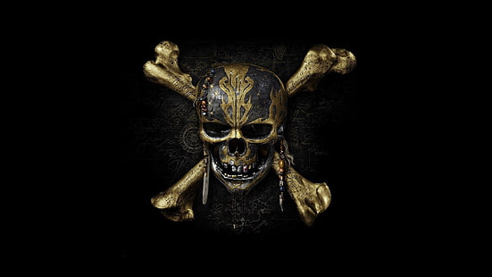 кръстосана кост с бронзов цвят, декор на череп с жълт и черен цвят, череп, черен фон, череп и кости, HD тапет HD wallpaper