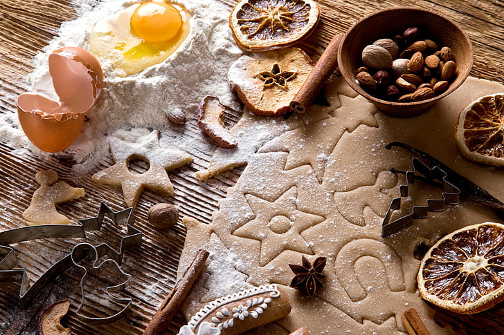 apples, egg, oranges, New Year, cookies, Christmas, nuts, cinnamon, dessert, cakes, almonds, spices, flour, the dough, molds, star anise, Anis, HD wallpaper