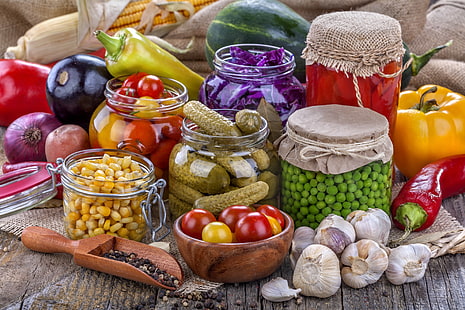 Polka Dot, Mais, Banken, Gemüse, Tomaten, Gurken, Knoblauch, Paprika, Billet, Konservierung, HD-Hintergrundbild HD wallpaper