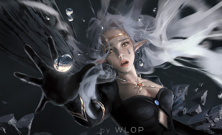 white haired female elf character wallpaper, WLOP, digital art, artwork, women, white hair, elven, yellow eyes, cleavage, pointed ears, looking at viewer, falling, necklace, long hair, fantasy girl, fantasy art, HD wallpaper