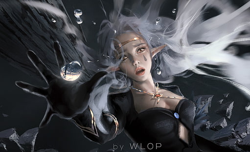 white haired female elf character wallpaper, WLOP, digital art, artwork, women, white hair, elven, yellow eyes, cleavage, pointed ears, looking at viewer, falling, necklace, long hair, fantasy girl, fantasy art, HD wallpaper HD wallpaper