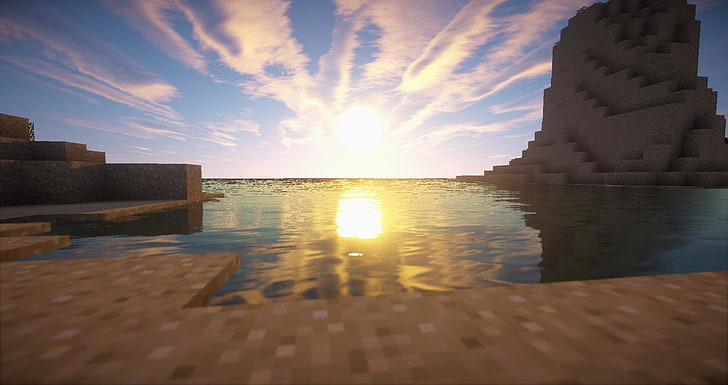 Видео игра, Minecraft, плаж, слънце, залез, HD тапет