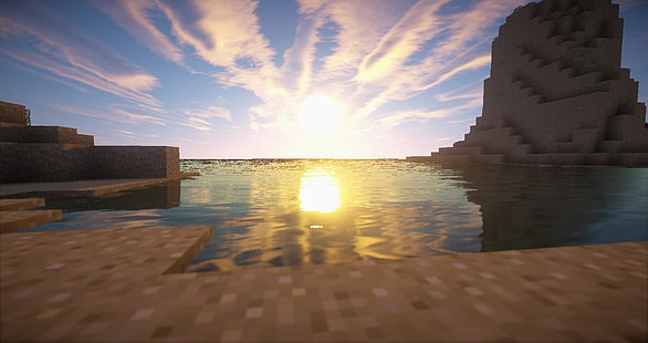 Видео игра, Minecraft, плаж, слънце, залез, HD тапет HD wallpaper
