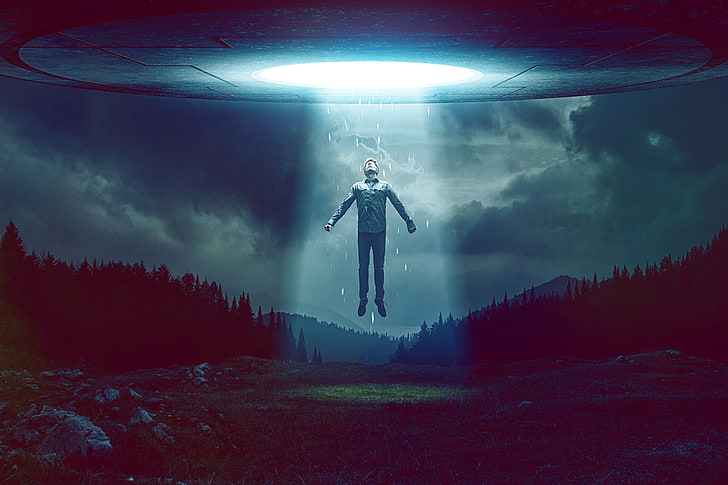 man ascending in UFO illustration, the sky, light, people, UFO, stranger, sky, alien, man, taken, HD wallpaper