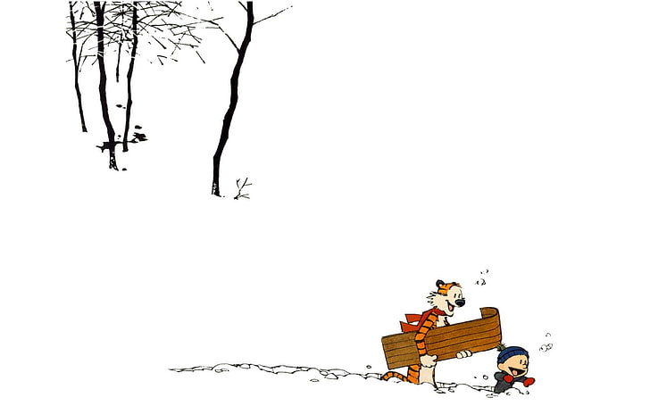 enfant et tigre près des arbres, Calvin et Hobbes, Fond d'écran HD
