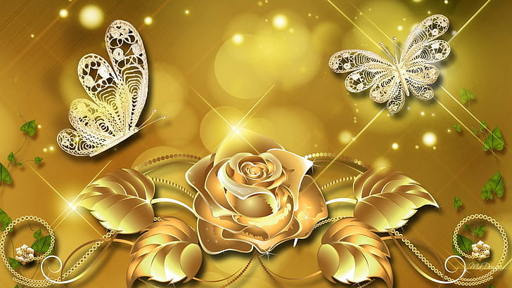 Луксозно злато, цвете и пеперуда с илюстрация на жълт фон, звезди, флер, цвете, папийон, пеперуда, блясък, злато, богат, блясък, роза, злато, блясък, боке, HD тапет