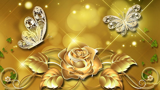 Luxurious Gold, flower and butterfly with yellow background illustration, stars, fleur, flower, papillon, butterfly, sparkle, gold, rich, shine, rose, golden, glow, bokeh, HD wallpaper HD wallpaper