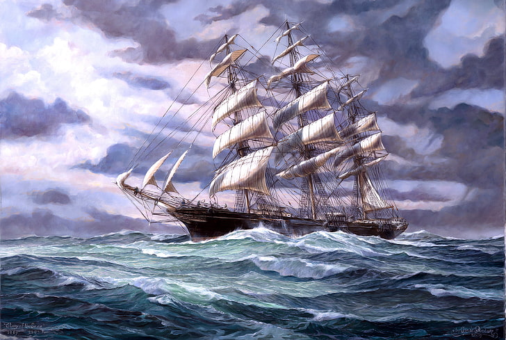 black and white clipper ship illustration, Sea, Figure, Wave, Ship, Sailboat, Picture, Sails, Side view, HD wallpaper