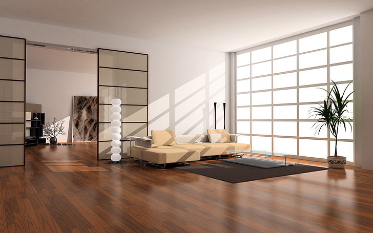 brun sektions soffa, design, stil, rum, soffa, matta, interiör, växter, kudde, fönster, vas, lägenhet, HD tapet