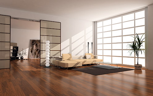 brun sektions soffa, design, stil, rum, soffa, matta, interiör, växter, kudde, fönster, vas, lägenhet, HD tapet HD wallpaper