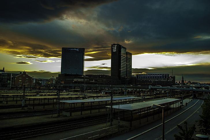 budynek, Horizon, Oslo, zachód słońca, dworzec kolejowy, Tapety HD