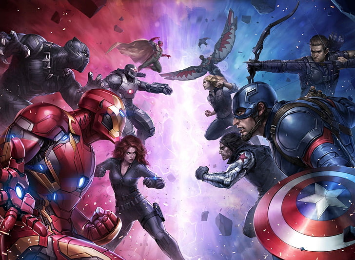Ilustração de heróis da Marvel, Capitão América, Homem de Ferro, Capitão América: Guerra Civil, HD papel de parede