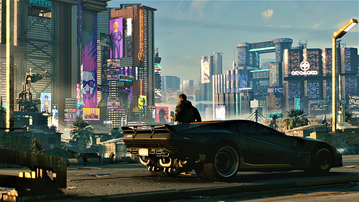 черен спортен автомобил, видео игри, киберпънк, Cyberpunk 2077, HD тапет