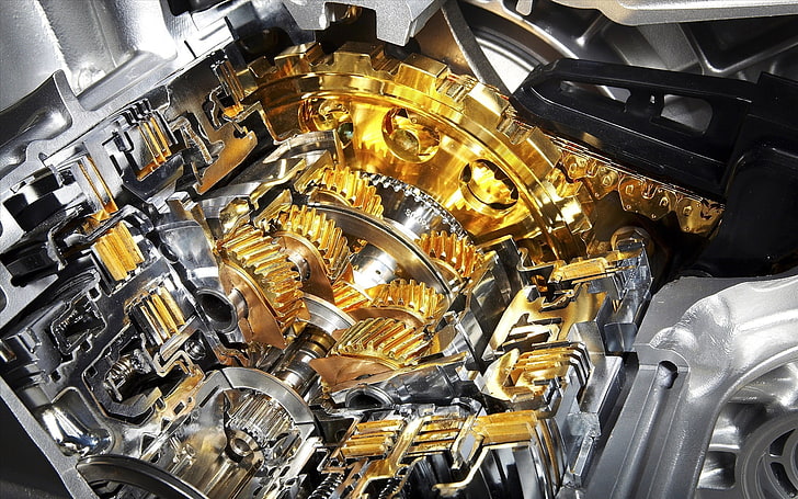 bagian mesin berwarna abu-abu dan emas, logam, mesin, gir, Wallpaper HD