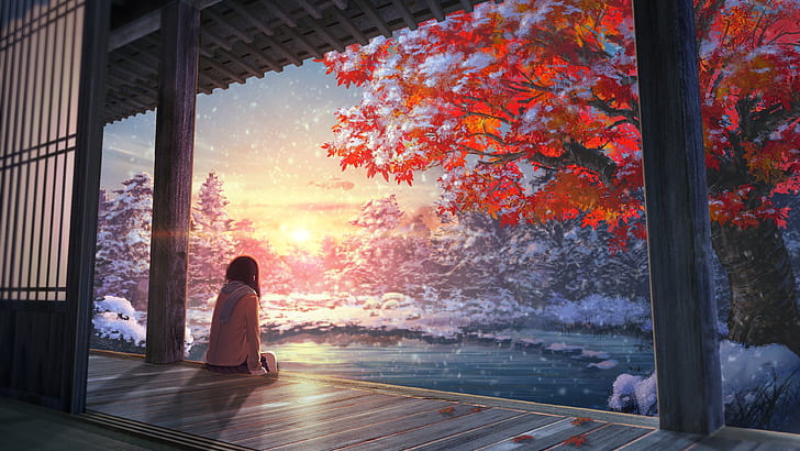 early snow, tree, anime girl, autumn, sunlight, anime art, pond, red tree, HD wallpaper