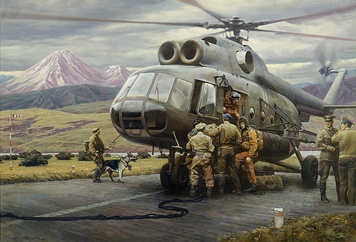 иллюстрация серого вертолета и солдат, масло, картина, холст, художник А. Сытов, 1986, «Малый самолет», HD обои