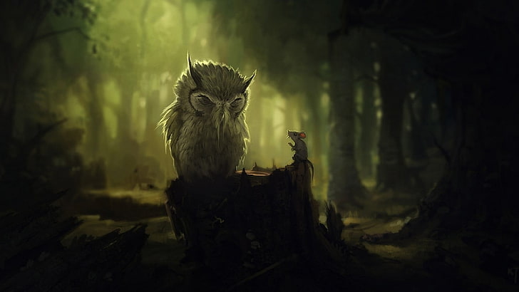 gray owl, gray owl beside gray mouse at nighttime, nature, artwork, animals, owl, digital art, mice, birds, forest, dark, trees, tree stump, HD wallpaper
