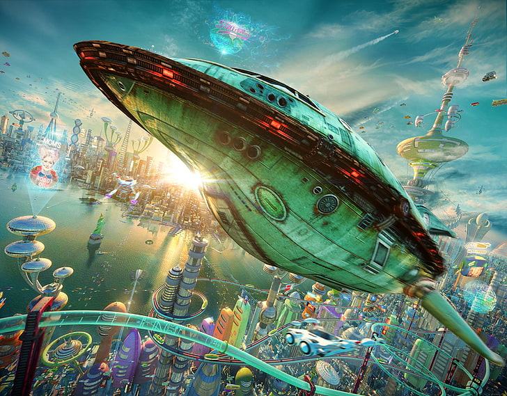 Ilustración de nave espacial granate y verde, Futurama, realista, 3D, cohete, planeta express, nave espacial, futurista, ciudad, Fondo de pantalla HD