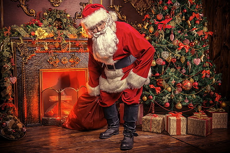 pose, arbre, Noël, cadeaux, nouvel an, cheminée, père Noël, sac, Fond d'écran HD HD wallpaper