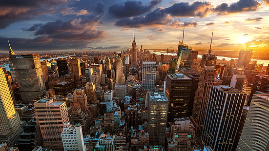 вид с воздуха, Нью-Йорк, город, закат, HD обои HD wallpaper