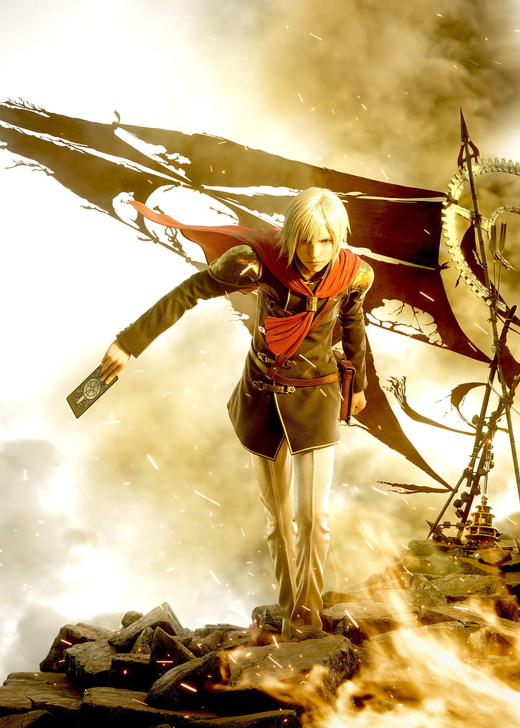 Final Fantasy Typ 0, Artwork, Cape, Feuer, Spiele, HD-Hintergrundbild, Handy-Hintergrundbild