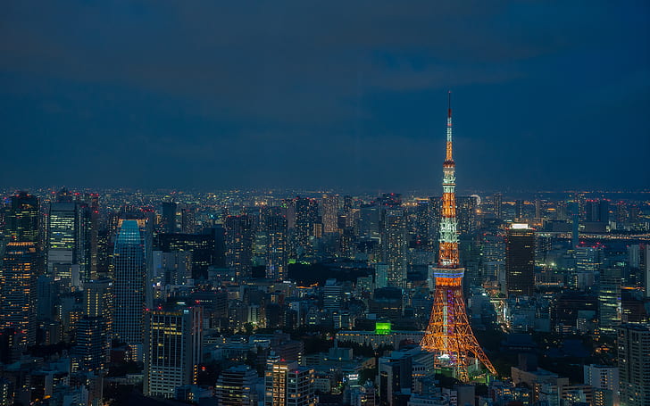 طوكيو المباني ناطحات السحاب برج طوكيو برج ليلة HD ، الليل ، المباني ، مناظر المدينة ، ناطحات السحاب ، البرج ، طوكيو، خلفية HD