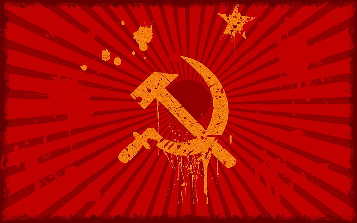 logotipo de machado laranja, Rússia, URSS, vermelho, bandeira, respingos de tinta, martelo e foice, comunismo, design gráfico, HD papel de parede