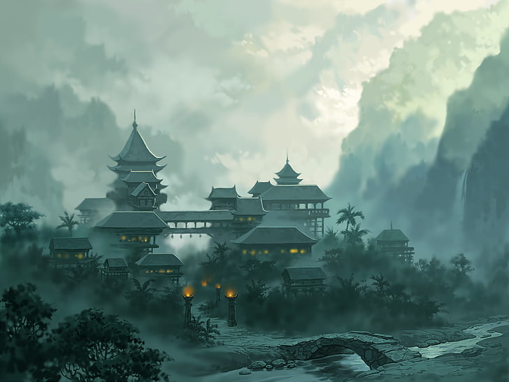 gray temple illustration, landscape, mountains, bridge, the city, lights, fog, river, jade dynasty, HD wallpaper
