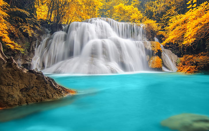 Nature Wallpaper Forest Trees River Waterfall Blue Water Autumn Nature Forest Trees Rivers, HD wallpaper