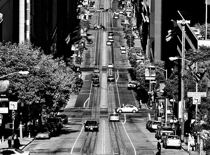 California Street, grayscale photo of car passing through road, Black and White, City, California, Cars, united states, usa, Traffic, san francisco, Monochrome, United States of America, Financial District, HD wallpaper