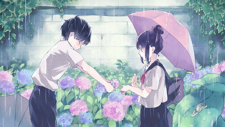 аниме момичета, аниме момчета, аниме, дъжд, цветя, чадър, коса, училищна униформа, HD тапет