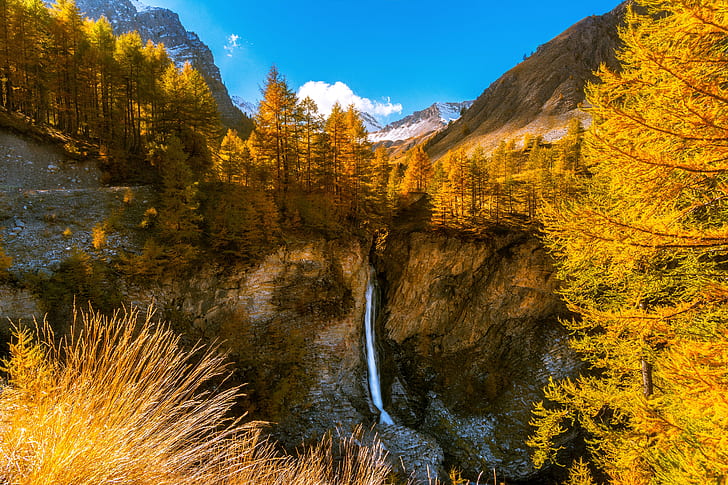 French Alps, Mountains, Waterfall, 4K, HD wallpaper
