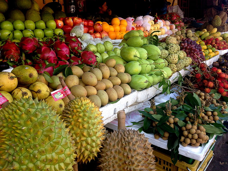 colourful, fresh fruit, fresh vegetables, fruit, market, market stall, selling, vegetables, HD wallpaper
