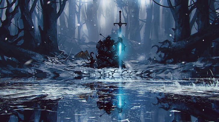 рыцарь с мечом на коленях обои, фото раненого рыцаря с мечом рядом с маленьким драконом возле водоема, произведение искусства, фэнтези-арт, снег, зима, лес, рыцарь, меч, озеро, отражение, дракон, голубой, HD обои
