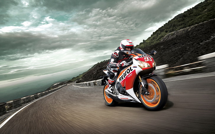 white, orange, and red Repsol sport bike, the sky, mountain, speed, Track, racer, Honda CBR1000RR, HD wallpaper