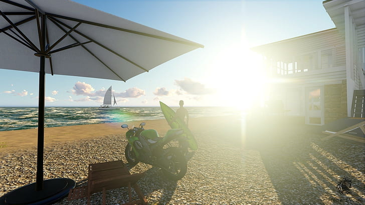 сърф, мотоциклет, море, плаж, HD тапет