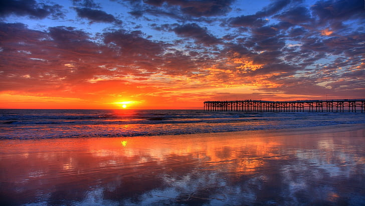 Pier Sunset Beach Ocean Clouds HD, nature, ocean, clouds, sunset, beach, pier, HD wallpaper