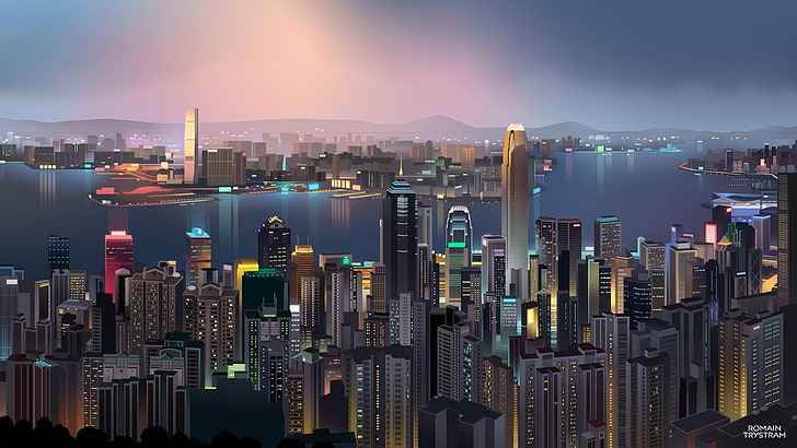 илюстрация на високи сгради, Хонконг, ниско ниво, Romain Trystam, HD тапет