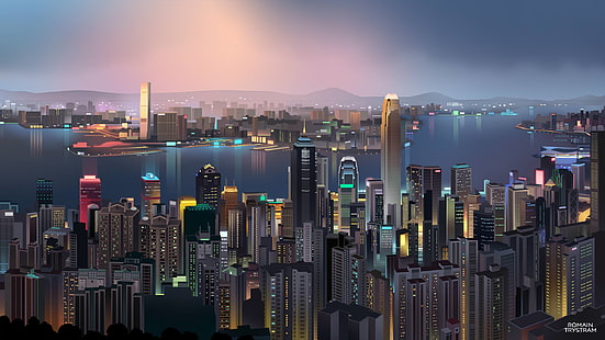 high-rise buildings illustration, Hong Kong, low poly, Romain Trystam, HD wallpaper HD wallpaper