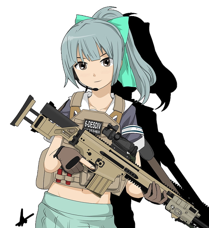 Yuubari (KanColle), Kantai Collection, karabin szturmowy, FN SCAR-L, anime dziewczyny, Tapety HD, tapety na telefon