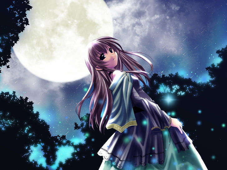 Anime, Club Maniax, Blue, Girl, Moon, Night, Sky, HD wallpaper