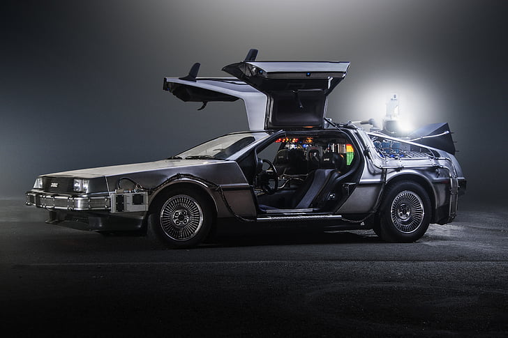 серый Назад в будущее купе, DeLorean машина времени, Назад в будущее, 2017, HD, HD обои