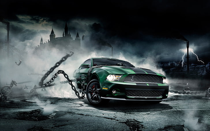 5th gen. green Ford Mustang coupe, Mustang, Ford, Shelby, chain, HD wallpaper