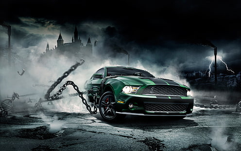 5th gen. green Ford Mustang coupe, Mustang, Ford, Shelby, chain, HD wallpaper HD wallpaper