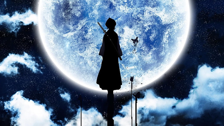 silhoutte d'une personne art numérique, eau de javel, Kuchiki Rukia, silhouette, lune, Fond d'écran HD
