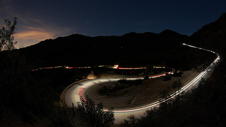 Autobahn, Langzeitbelichtung, Haarnadelkurven, Landschaft, Straße, Nacht, HD-Hintergrundbild