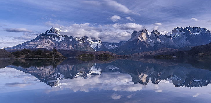nature, landscape, summer, mountains, morning, reflection, lake, water, clouds, Torres del Paine, Chile, snowy peak, Patagonia, trees, HD wallpaper