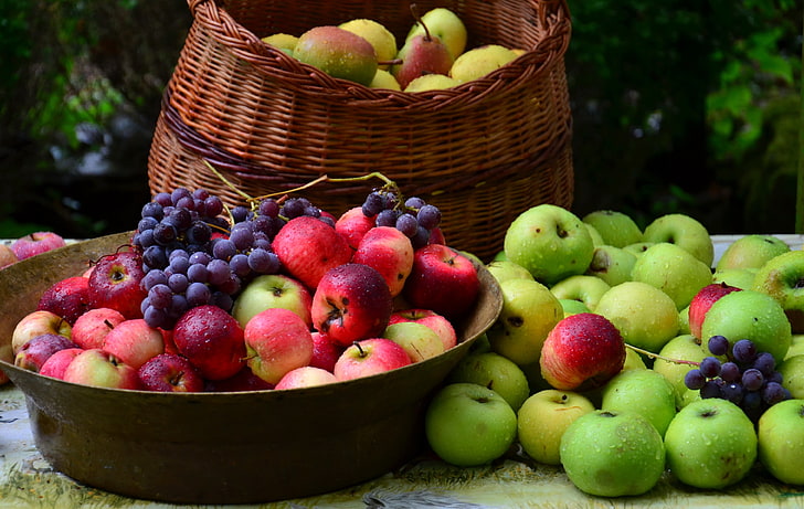 assorted fruits on bowl and basket, grapes, apples, basket, many, HD wallpaper