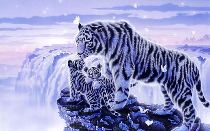 สัตว์แฟนตาซี, เสือ, ศิลปะ, ลูกสัตว์, ลูก, แฟนตาซี, หิมะ, เสือขาว, วอลล์เปเปอร์ HD