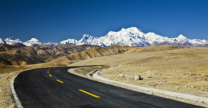 whining road going to snow top mountain, Friendship highway, Himalaya, road, snow, top, mountain, montagna, montagne, tibet, cina, china, buddha, buddhism, wild, landscape, landscapes, nature, himalayas, scenics, mountain Peak, outdoors, highway, travel, mountain Range, HD wallpaper
